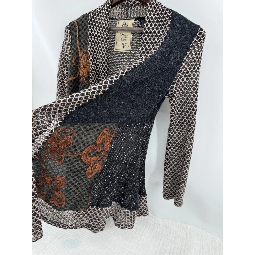 Fleur De Lis Cardigan Black Knit Yarn Patchwork Boho Floral Open Front Size S